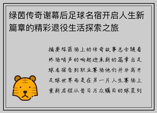 绿茵传奇谢幕后足球名宿开启人生新篇章的精彩退役生活探索之旅